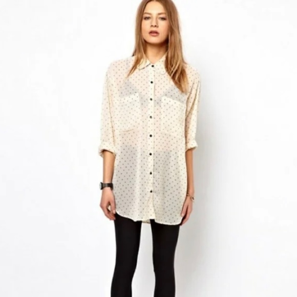American Apparel chiffon oversized button down long sleeve blouse cream polkadot - Picture 3 of 6